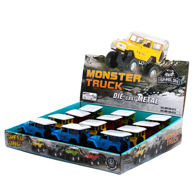 Monster truck Jeep med pull-back, 4 assorterede farver