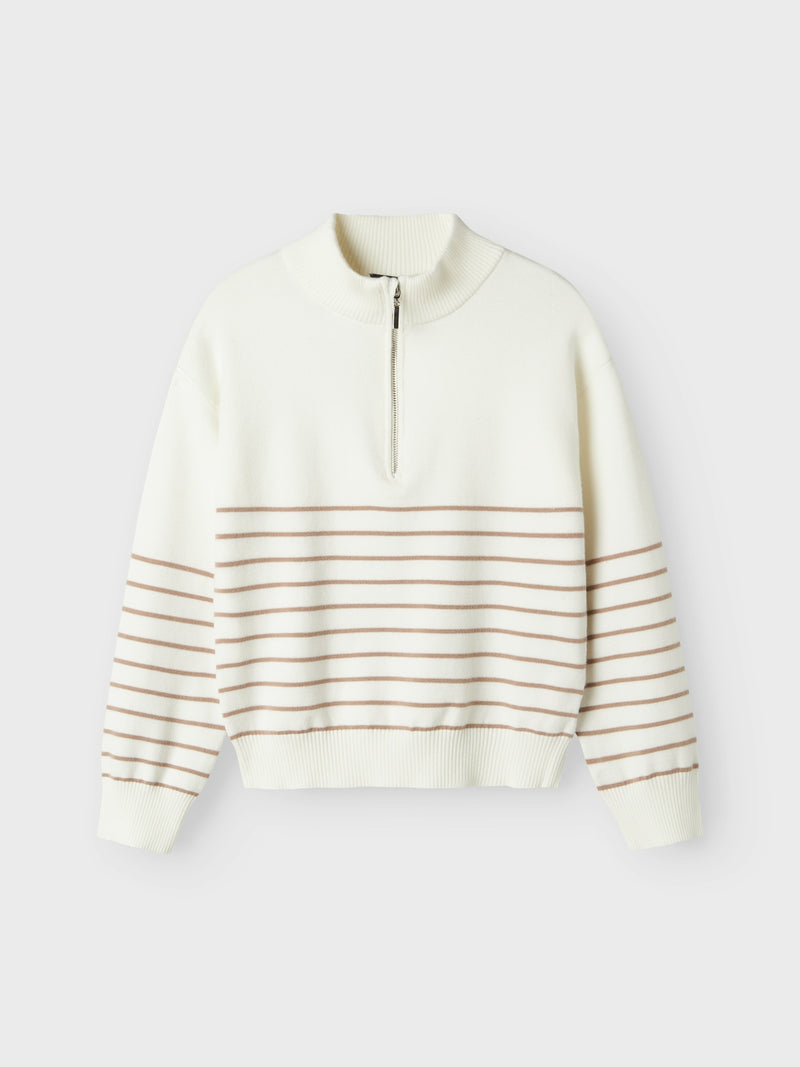 NLFKACY LS HALF ZIP KNIT - White Alyssum Stripes:Mocha Meringue